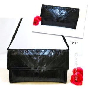 Vintage Genuine Eel Skin Leather Black Clutch Shoulder Bag Detachable Strap